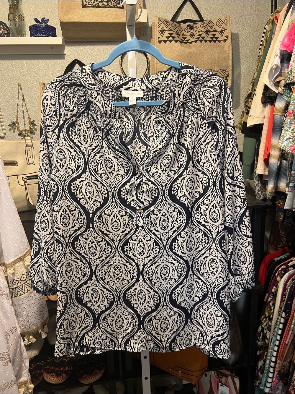 Charter Club Navy and White Paisley-Style Tunic Blouse